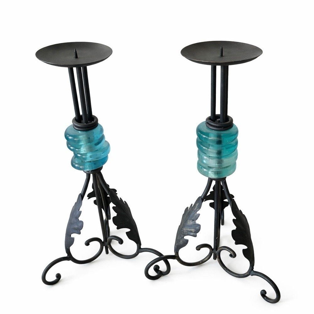 Pair‎ of metal and turquoise glass candle holders 14"